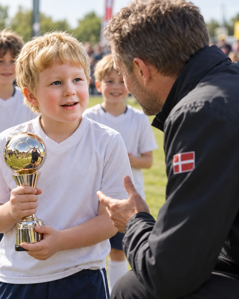 Samme barn som hovedperson i en personlig fodboldillustration, med pokal og sin træner