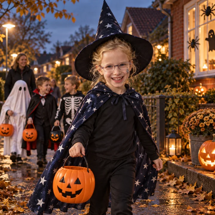 Realistisk stil: Maayan som heks med græskarspand i en Halloween-pyntet gade
